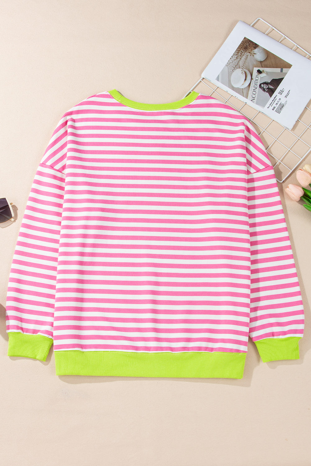 Baya Striped Contrast Trim Drop Shoulder Sweatshirt - Pink | Dropship