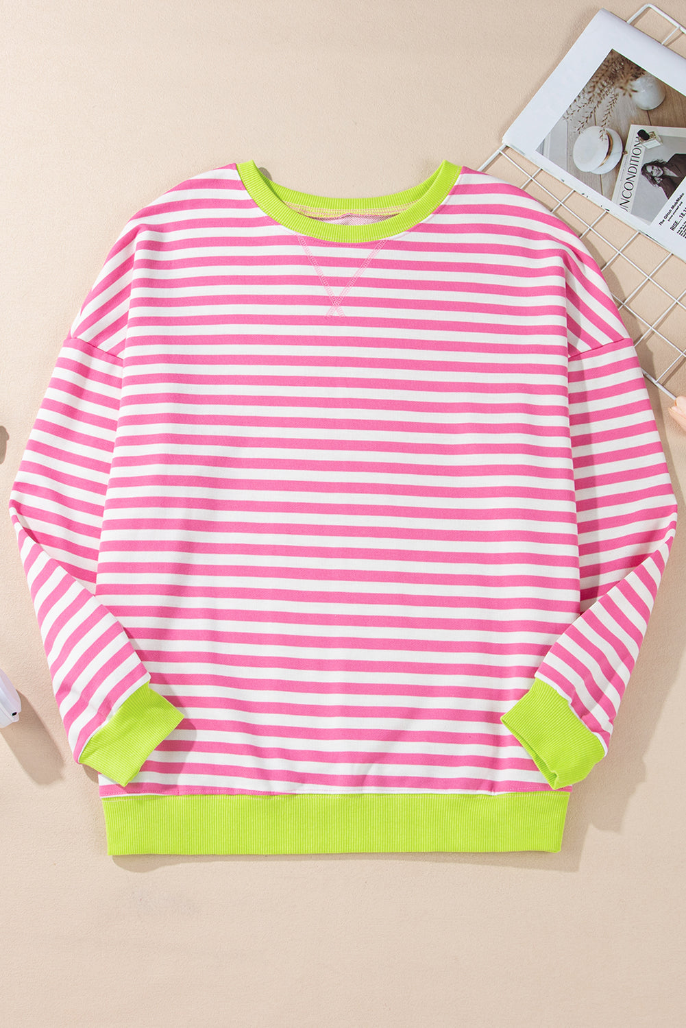 Baya Striped Contrast Trim Drop Shoulder Sweatshirt - Pink | Dropship