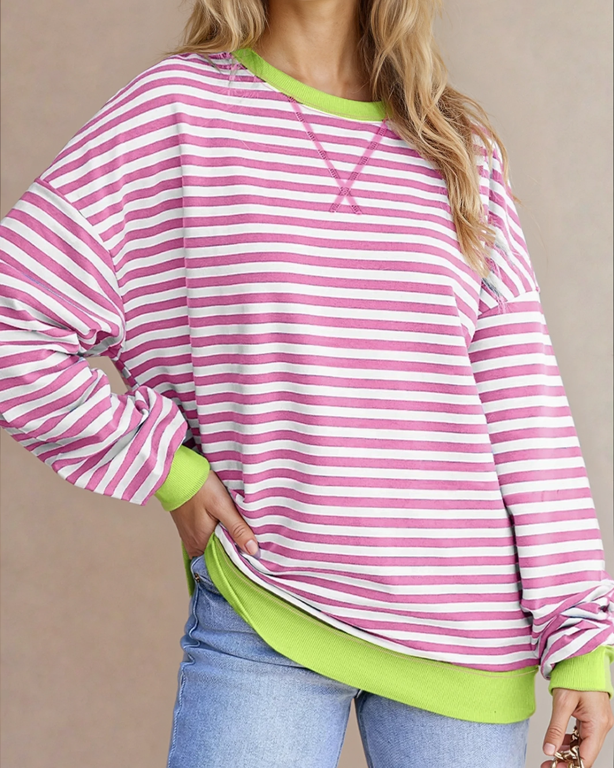 Baya Striped Contrast Trim Drop Shoulder Sweatshirt - Pink | Dropship