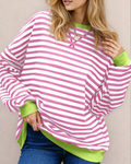 Baya Striped Contrast Trim Drop Shoulder Sweatshirt - Pink | Dropship